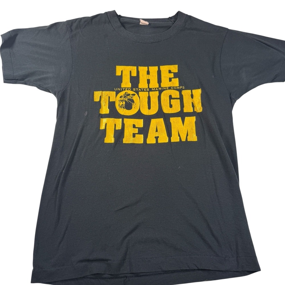Vintage USMC The Tough Team Bulldog T-Shirt Black Yellow Marine Corps Tee L
